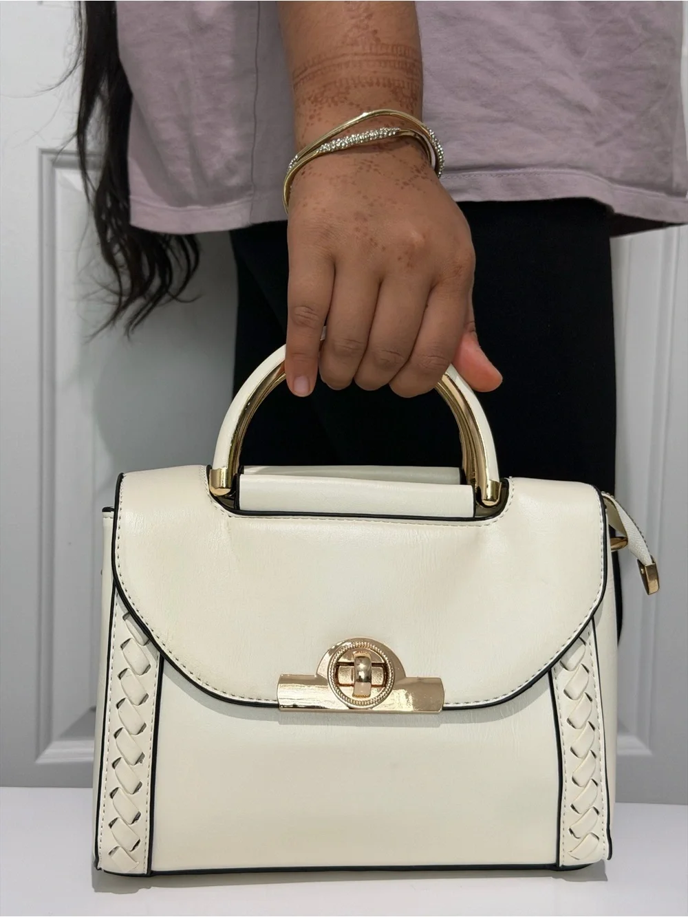 Cream Top-Handle Satchel with Gold Hardware